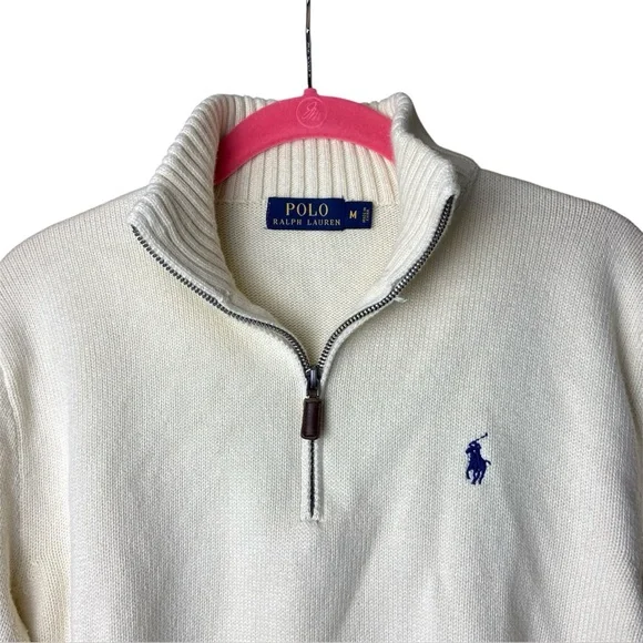 Polo Ralph Lauren Quarter Zip Sweater Cream Ivory Pony Logo Preppy Mens M - Picture 3 of 4